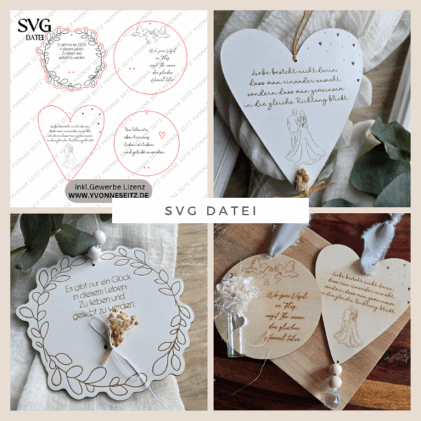 SVG Laserdatei 4 Designs Holzscheiben Herz Hochzeitsgeschenk Geschenkscheibe Geldgeschenk Sonnenfänger Hochzeit Ehe SVG Datei