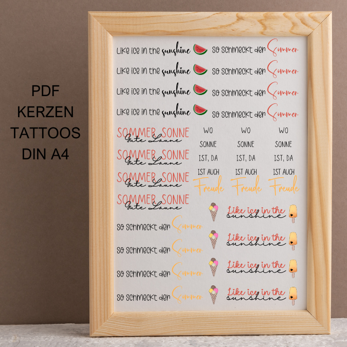 PDF - Kerzentattoo Vorlage - Eis - So schmeckt der Sommer - A4 Kerzentattoos zum selber drucken