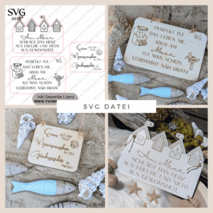 SVG Datei 3 Designs Schilder Holzscheiben Meer Maritim Laserdatei Urlaub Strand Nordsee Ostsee Strandkorb