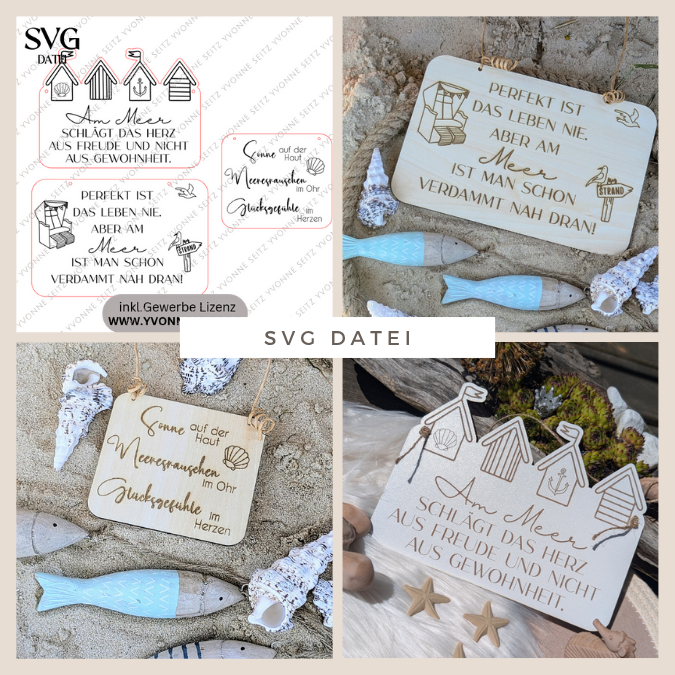 SVG Datei 3 Designs Schilder Holzscheiben Meer Maritim Laserdatei Urlaub Strand Nordsee Ostsee Strandkorb