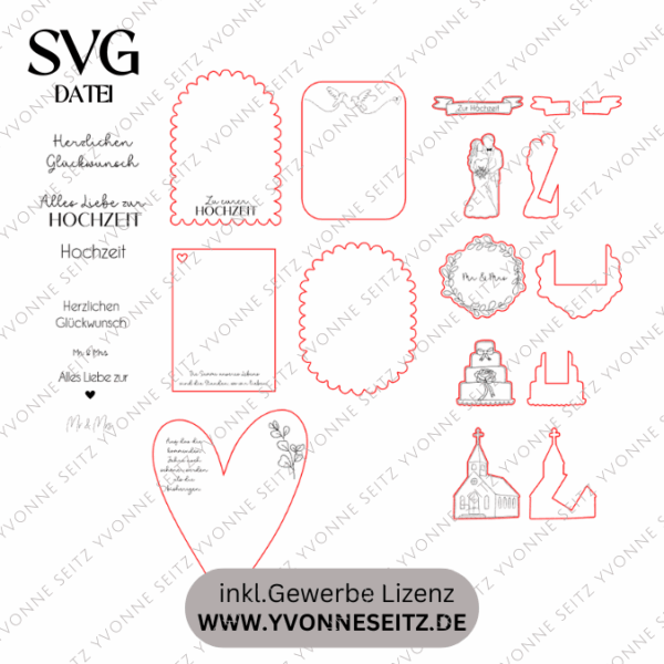 SVG Laserdatei Karten zur Hochzeit zum füllen mit Blumen oder Geld Postkarten Grußkarten SVG Datei Hochzeitsgeschenk Ehe Braut