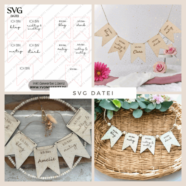 SVG Laser Datei Wimpel Affirmationen Kinderzimmer Deko personalisierbar Ich bin mutig... SVG Datei Kinderzimmerdeko
