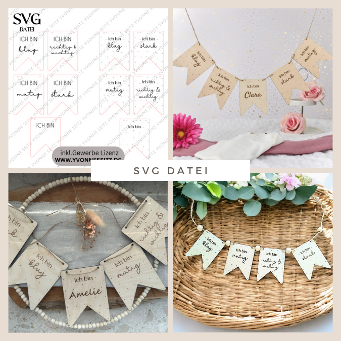 SVG Laser Datei Wimpel Affirmationen Kinderzimmer Deko personalisierbar Ich bin mutig... SVG Datei Kinderzimmerdeko
