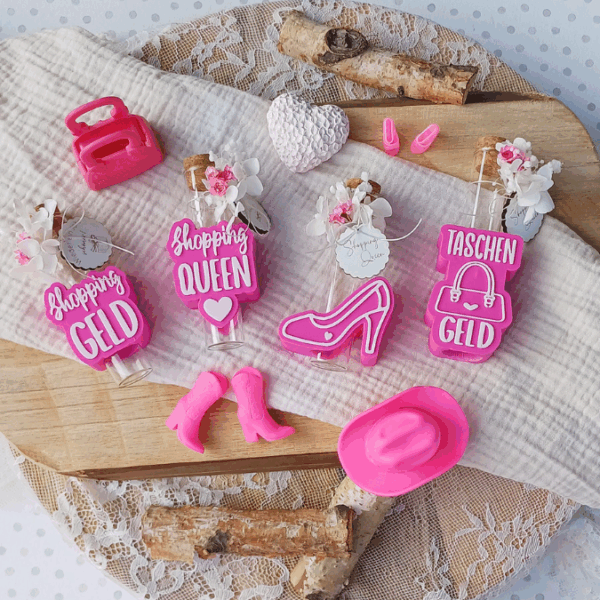 STL 3D Druck Datei 7 Designs in 3 Größen Shopping Girls Frauen Taschengeld Aufschieber Wunscherfüller für Reagenzglas Geldgeschenk 3D-Druck Datei