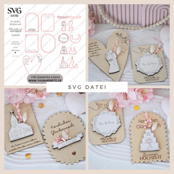 SVG Laserdatei Karten zur Hochzeit zum füllen mit Blumen oder Geld Postkarten Grußkarten SVG Datei Hochzeitsgeschenk Ehe Braut