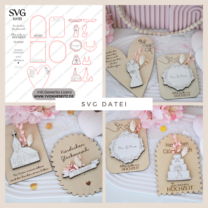 SVG Laserdatei Karten zur Hochzeit zum füllen mit Blumen oder Geld Postkarten Grußkarten SVG Datei Hochzeitsgeschenk Ehe Braut