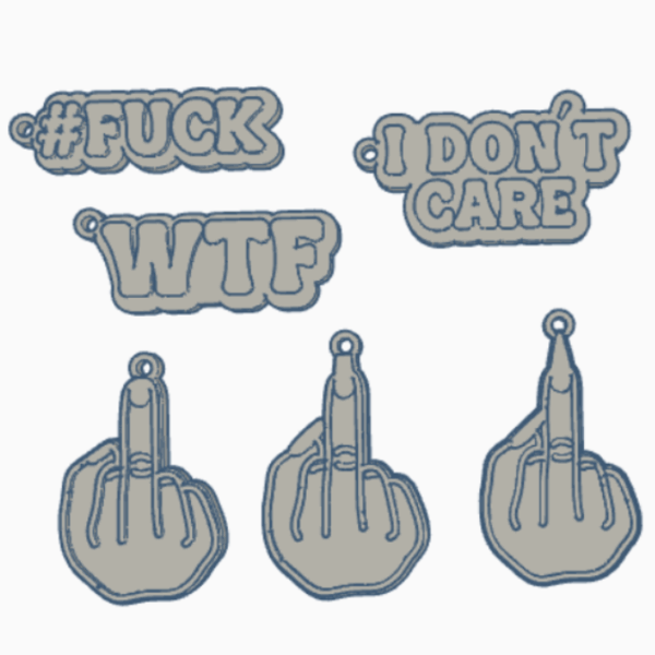 STL 3D Druck Datei Schlüsselanhänger 6er MIX 2 Statements Fuck, Mittelfinger, WTF, I dont care bad Words 3D-Druck Datei – Bild 2