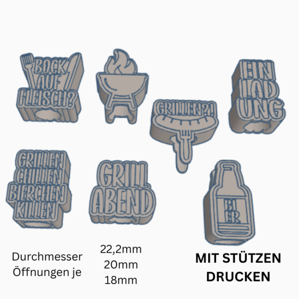 STL 3D Druck Datei 7 Designs in 3 Größen Grillen Sommer Bier Fleisch Aufschieber Wunscherfüller für Reagenzglas Geldgeschenk 3D-Druck Datei – Bild 2