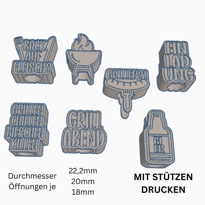 STL 3D Druck Datei 7 Designs in 3 Größen Grillen Sommer Bier Fleisch Aufschieber Wunscherfüller für Reagenzglas Geldgeschenk 3D-Druck Datei – Bild 2