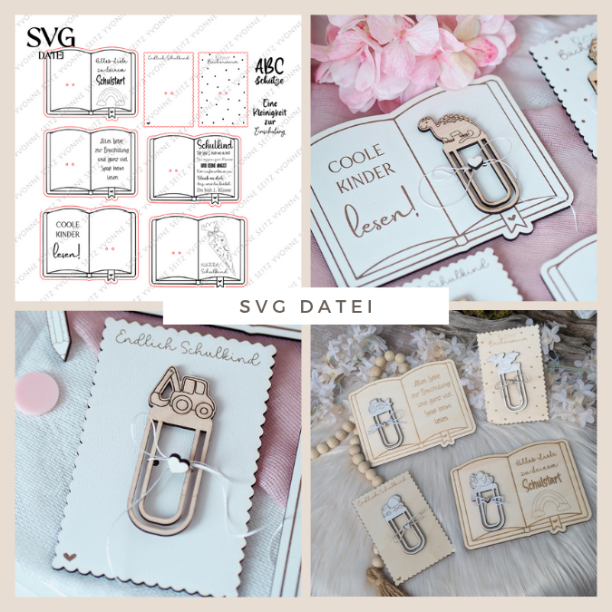 SVG Laserdatei Schulkind Einschulung 7 Designs + Gravuren Halter für Lesezeichen und Kleinigkeiten Schulstart Lesen Gescheinkidee SVG Datei