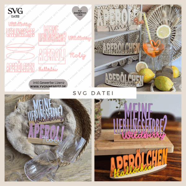 SVG Laserdatei Aufsteller 3mm und 4mm Klötzchen Datei Aperoli und Wildberry Holy Aperoli Aperol Lillet SVG Datei Sommer Deko Geschenkidee
