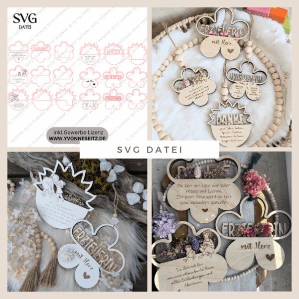6 Designs Blumen zum Aufhängen und füllen mit Blumen oder Geld Hochzeit Muttertag Freundschaft Mama Oma Danke SVG Laserdatei Lasercut