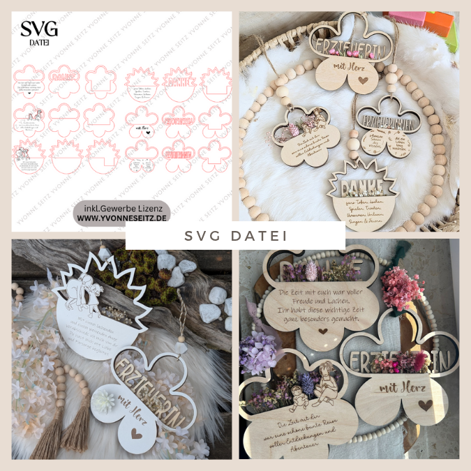 6 Designs Blumen zum Aufhängen und füllen mit Blumen oder Geld Kindergartenabschier Erzieherin KiTa Erzieherin Danke SVG Laserdatei Lasercut
