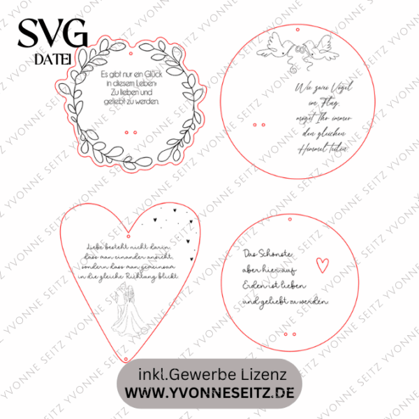 SVG Laserdatei 4 Designs Holzscheiben Herz Hochzeitsgeschenk Geschenkscheibe Geldgeschenk Sonnenfänger Hochzeit Ehe SVG Datei – Bild 2