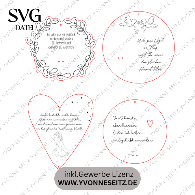 SVG Laserdatei 4 Designs Holzscheiben Herz Hochzeitsgeschenk Geschenkscheibe Geldgeschenk Sonnenfänger Hochzeit Ehe SVG Datei – Bild 2