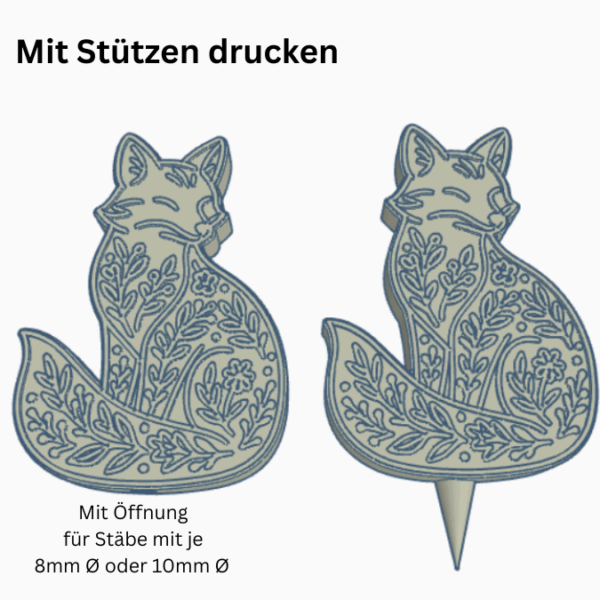 STL 3D Druck Datei Herbst Fuchs Gartenstecker für 8mm & 10mm Stäbe UND Erdsstecker Pflanzen Outdoor Deko Beetstecker Pflanzenstecker – Bild 2