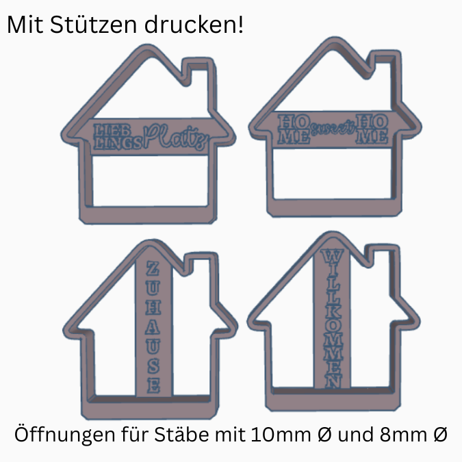 STL 3D Druck Datei Gartenstecker 4er Set Willkommen Häuser Haus Home sweet Home Statement Beetstecker Pflanzenstecker für 8mm & 10mm Stab – Bild 2