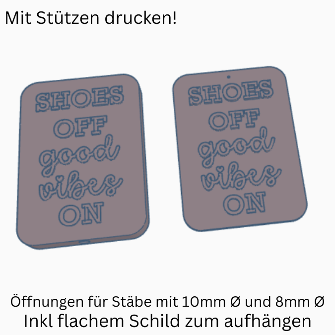 3D Druck Datei STL Gartenstecker u. Schild zum aufhängen "Shoes Off Good vibes on" Statement Beetstecker Pflanzenstecker für 8mm & 10mm Stab – Bild 2