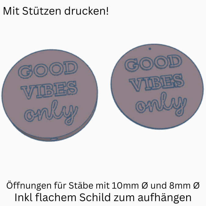 STL 3D Druck Datei Gartenstecker UND Schild zum aufhängen "Good vibes only" Statement Beetstecker Pflanzenstecker für 8mm & 10mm Stäbe Bambu – Bild 2