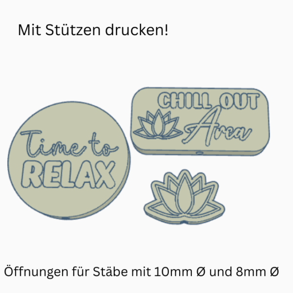STL 3D Druck Datei Gartenstecker 3er Set Relax Chill out area Lotusblume Statement Gartenliebe Beetstecker Pflanzenstecker für 8mm & 10mm Stäbe – Bild 2