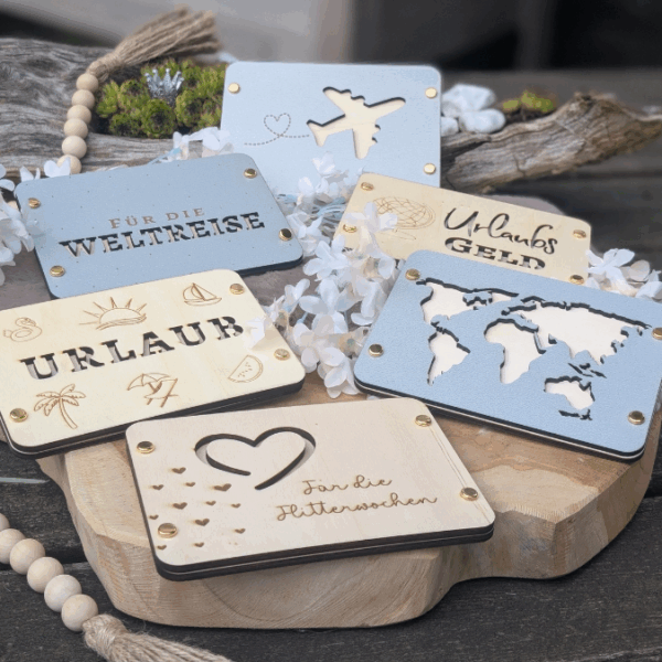 SVG Laserdatei Urlaub Reise Flitterwochen Hochzeit Geldgeschenk Verpackung für Geld 6 Designs Gutscheinkarten SVG-Datei