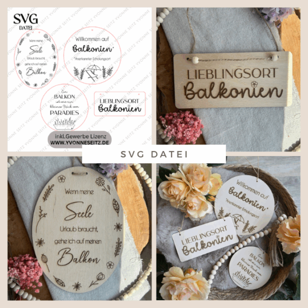 SVG Laserdatei 4er Set Holzscheiben Balkon Balkonien Lieblingsplatz Blumen Gravur SVG Datei