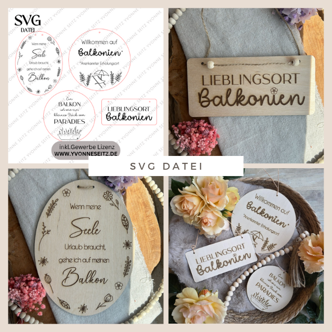 SVG Laserdatei 4er Set Holzscheiben Balkon Balkonien Lieblingsplatz Blumen Gravur SVG Datei