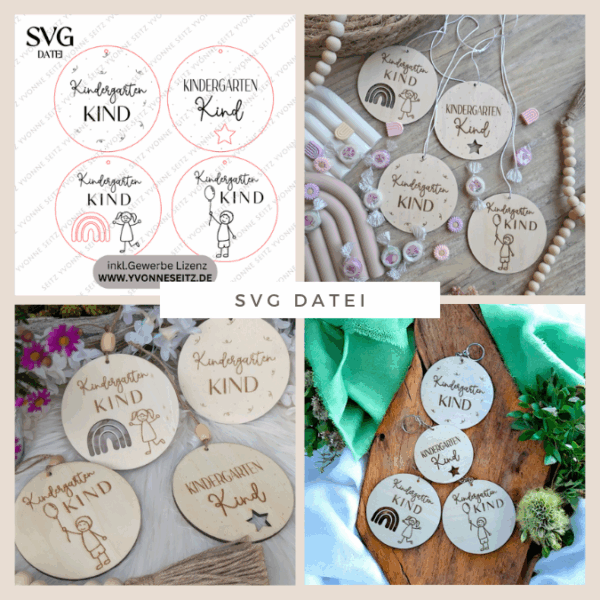 SVG Laserdatei Kindergartenkind Anhänger für Rucksack Kinderzimmer 4 Designs Kindergarten Gescheinkidee Junge Mädchen SVG Datei