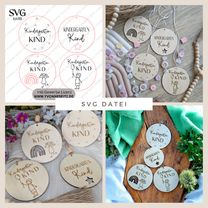 SVG Laserdatei Kindergartenkind Anhänger für Rucksack Kinderzimmer 4 Designs Kindergarten Gescheinkidee Junge Mädchen SVG Datei