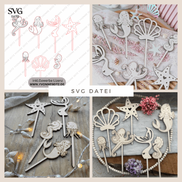 SVG Laserdatei Caketopper Geburtstag Meerjungfrau Mermaid Ocean Meer Muscheln Unterwasserwelt Kuchenstecker Pflanzenstecker SVG Datei