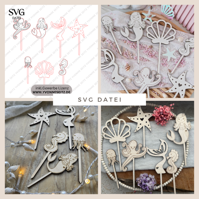 SVG Laserdatei Caketopper Geburtstag Meerjungfrau Mermaid Ocean Meer Muscheln Unterwasserwelt Kuchenstecker Pflanzenstecker SVG Datei