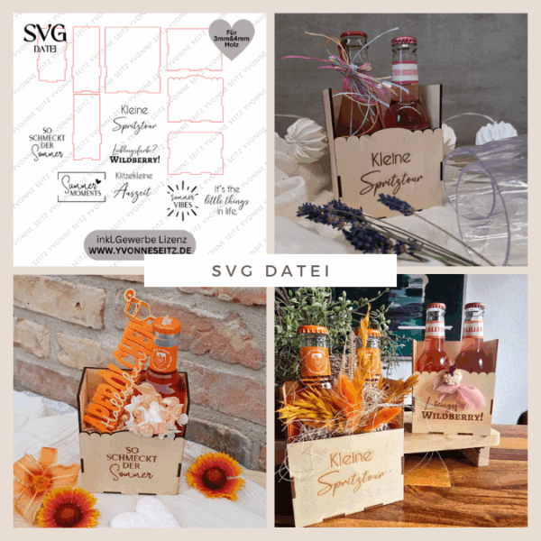 SVG Laserdatei 3 mm & 4mm Geschenkbox für 2 kleine Lillet Aperol Flaschen Flaschenbox Summermoments Little Things Spritztour SVG Datei
