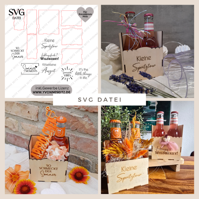 SVG Laserdatei 3 mm & 4mm Geschenkbox für 2 kleine Lillet Aperol Flaschen Flaschenbox Summermoments Little Things Spritztour SVG Datei