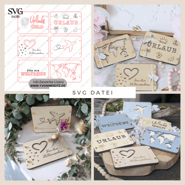 SVG Laserdatei Urlaub Reise Flitterwochen Hochzeit Geldgeschenk Verpackung für Geld 6 Designs Gutscheinkarten SVG-Datei