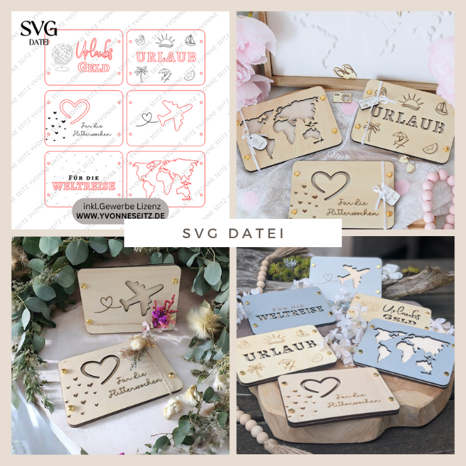 SVG Laserdatei Urlaub Reise Flitterwochen Hochzeit Geldgeschenk Verpackung für Geld 6 Designs Gutscheinkarten SVG-Datei