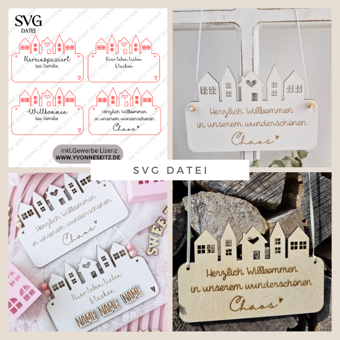 SVG Laserdatei 4 Designs Tütschild Aufhänger Hereinspaziert Tür Deko Wanddeko Willkommen Häuser personalisierbar SVG Datei