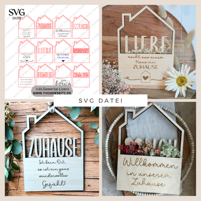 6 Designs Häuser zum füllen mit Blumen oder Geld Zuhause Heimat Home Freundschaft Deko Danke SVG Laserdatei Lasercut