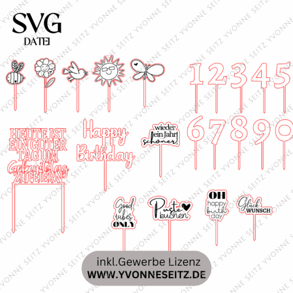 SVG Laserdatei Caketopper Geburtstag Gute Laune Mix Positive Good vibes inklusive Zahlen Kuchenstecker Pflanzenstecker SVG Datei – Bild 2