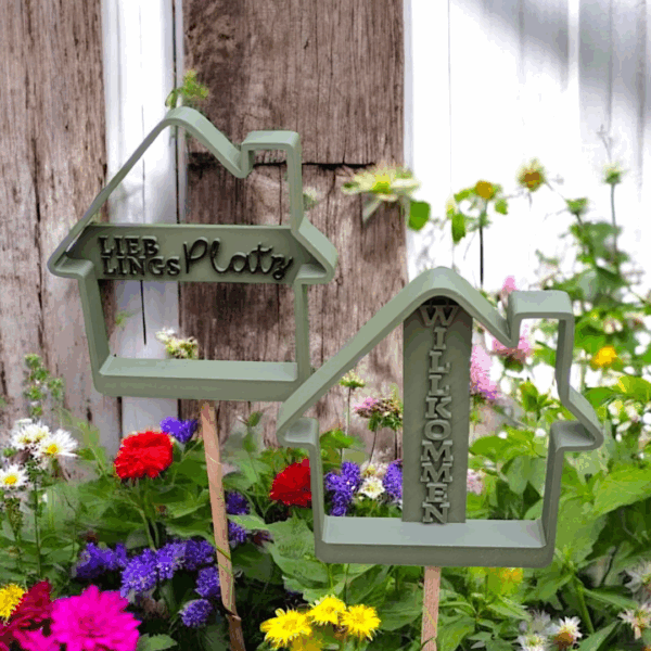 STL 3D Druck Datei Gartenstecker 4er Set Willkommen Häuser Haus Home sweet Home Statement Beetstecker Pflanzenstecker für 8mm & 10mm Stab