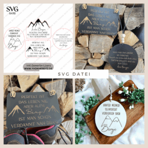 SVG Datei 4 Designs Schilder Berge Wanderlust Holzscheiben Bergverliebt Bergliebe Laserdatei