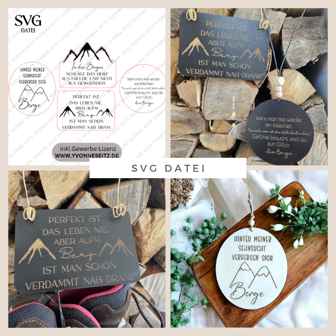 SVG Datei 4 Designs Schilder Berge Wanderlust Holzscheiben Bergverliebt Bergliebe Laserdatei