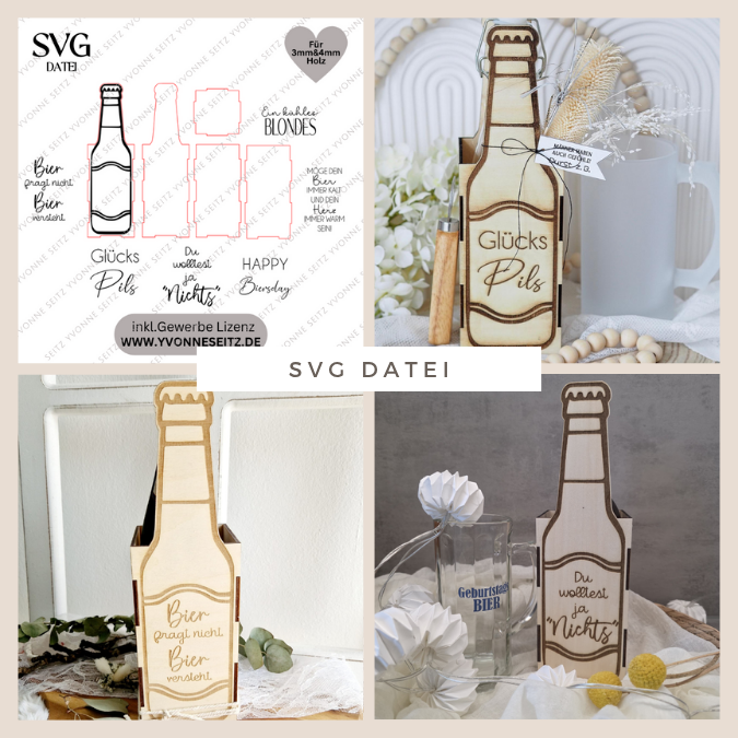 SVG Laserdatei 3 mm & 4mm Geschenkbox für Bier Bierflasche Flaschenbox Geschenkidee Männer Bier SVG Datei