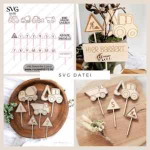 SVG Laserdatei 21er Set Caketopper Baustelle Bagger Verkehr inkl. Zahlen Pflanzenstecker Gescheinkidee Junge Kuchen SVG Datei