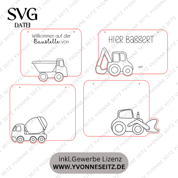 SVG Laserdatei 4er Set personalisierbare Schilder Baustelle Baustellenfahrzeuge Kinderzimmerdeko Türschild SVG-Datei – Bild 2