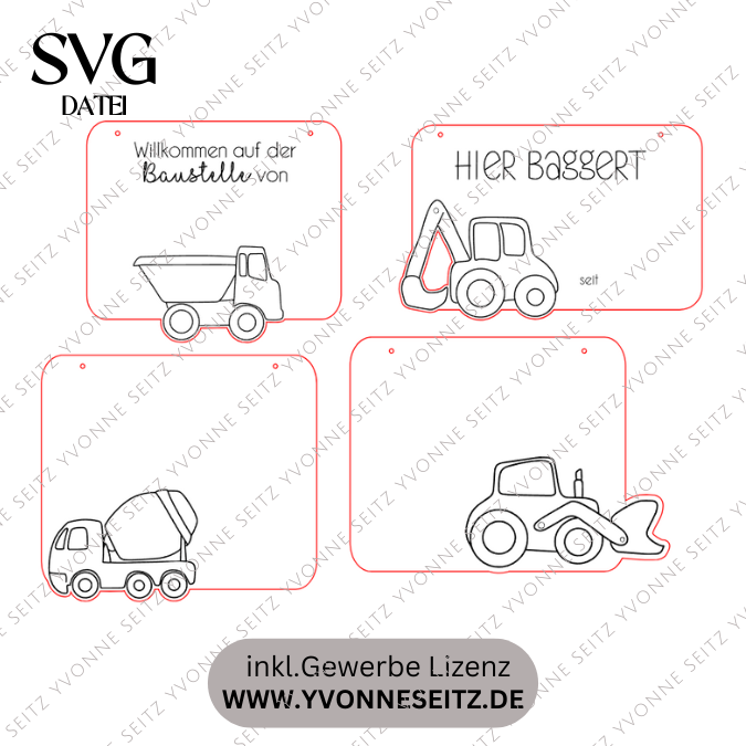 SVG Laserdatei 4er Set personalisierbare Schilder Baustelle Baustellenfahrzeuge Kinderzimmerdeko Türschild SVG-Datei – Bild 2