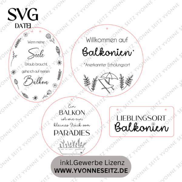 SVG Laserdatei 4er Set Holzscheiben Balkon Balkonien Lieblingsplatz Blumen Gravur SVG Datei – Bild 2