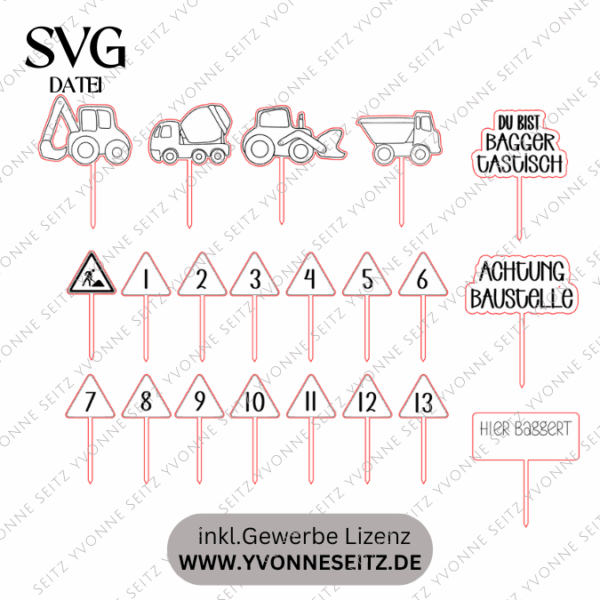 SVG Laserdatei 21er Set Caketopper Baustelle Bagger Verkehr inkl. Zahlen Pflanzenstecker Gescheinkidee Junge Kuchen SVG Datei – Bild 2