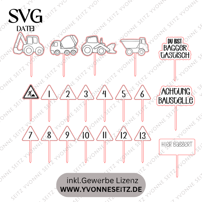 SVG Laserdatei 21er Set Caketopper Baustelle Bagger Verkehr inkl. Zahlen Pflanzenstecker Gescheinkidee Junge Kuchen SVG Datei – Bild 2