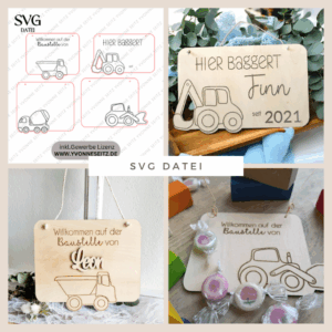 SVG Laserdatei 4er Set personalisierbare Schilder Baustelle Baustellenfahrzeuge Kinderzimmerdeko Türschild SVG-Datei