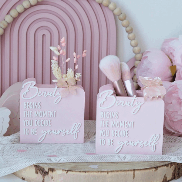3D Druck Datei STL 3er Set Kosmetikpinsel Halter & Aufsteller "Beauty begins the moment you decide to be yourself" Frauen Geschenkidee Deko – Bild 11
